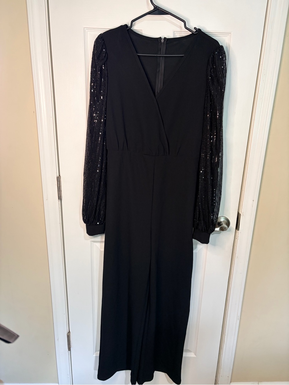 Women's Black Long Sleeve Sequin-Sleeve jumpsuit
